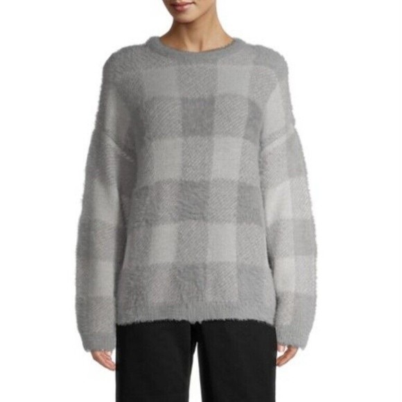 Time and Tru Fuzzy Sweater SIZE XL Light Grey Buffalo Plaid NEW Extra Large Soft - Picture 9 of 9